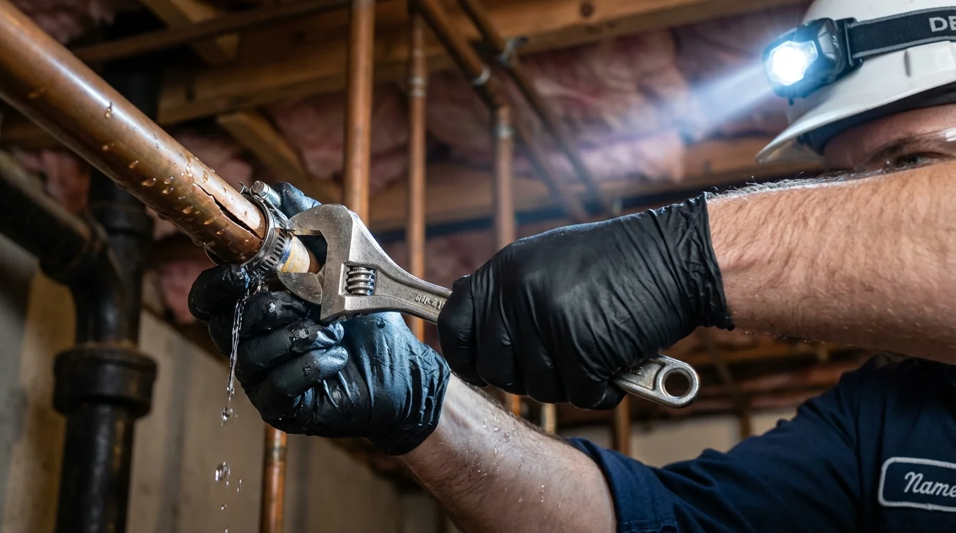 Emergency pipe clamp repair being performed by a Johns Plumbing LLC plumber in Leland