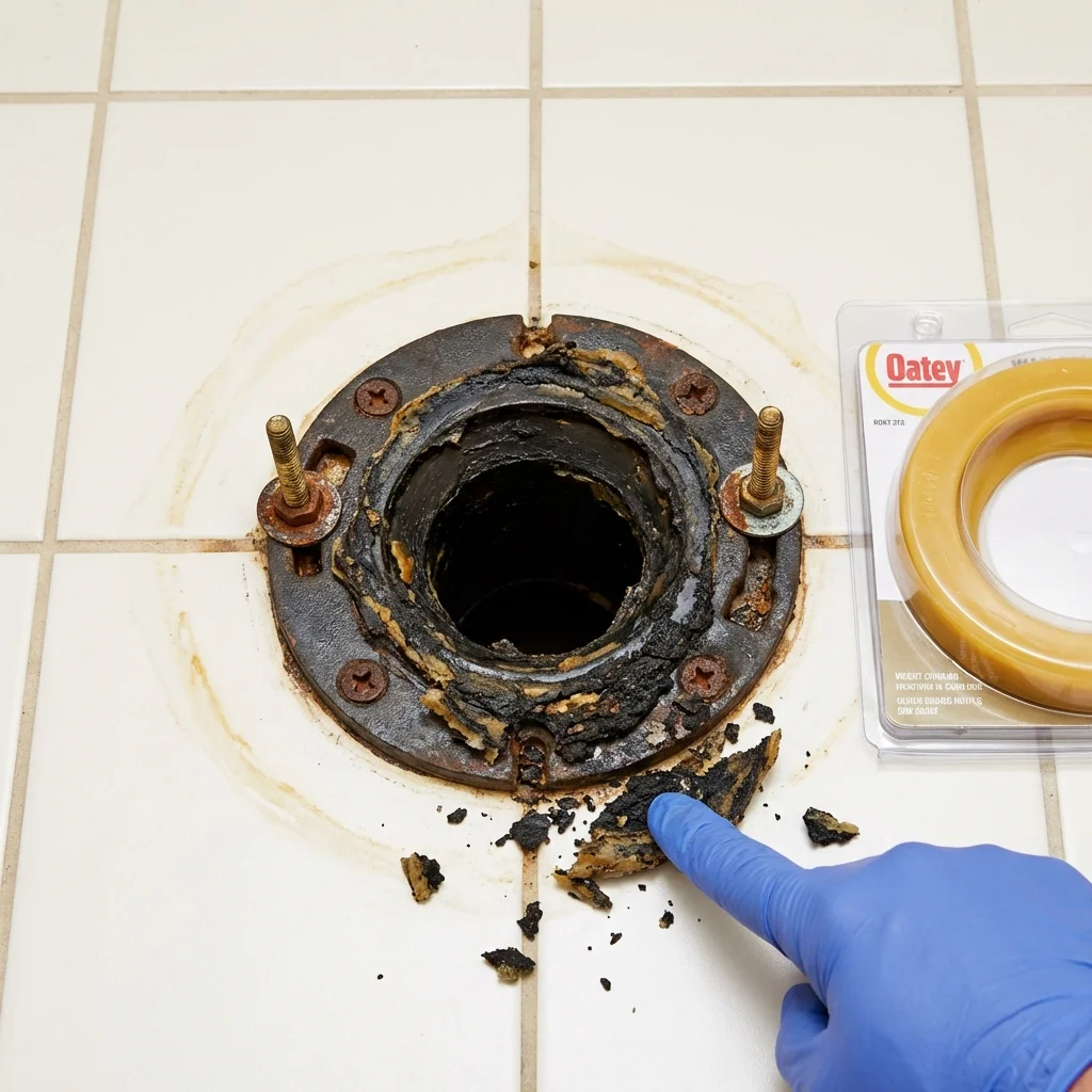 Failed wax ring showing water seepage at the base of a toilet in a Leland, MI home
